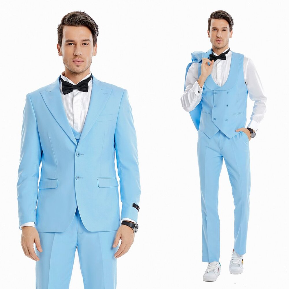 Sky Blue Mens Suit Skinny Fit 3pc w/ Double Breasted Vest, by Tazzio